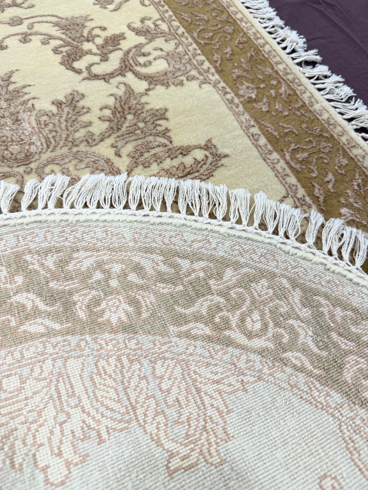 Vintage Hand Knotted Wool Rug Oval Beige-Gold Damask Bedside Rug 70×140