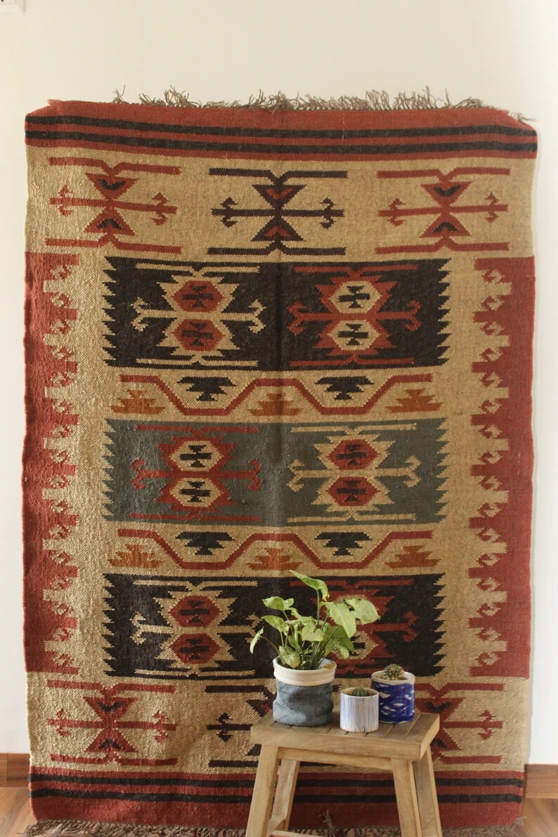 Multi Natural Southwestern Rug Navajo Rug Wool Jute Aztec Rug Indian Kilim Rugs