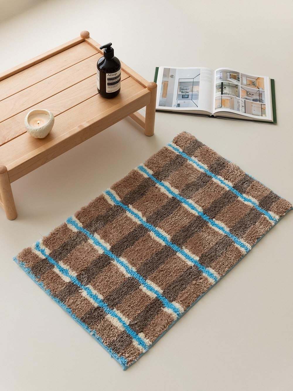 Seasalt Checked Area Rug BrownMicrofiber Absorbent Non-Slip Throw RugTPR Non-…