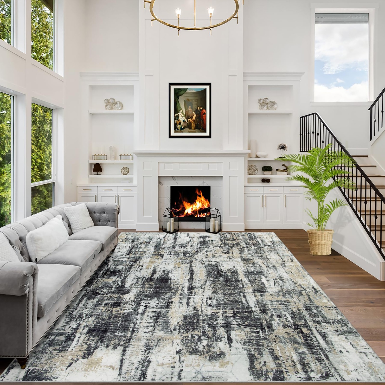 8×10 Area Rugs Washable Rug: Large 8′ x 10′ (Rectangular), Black Grey/Gold