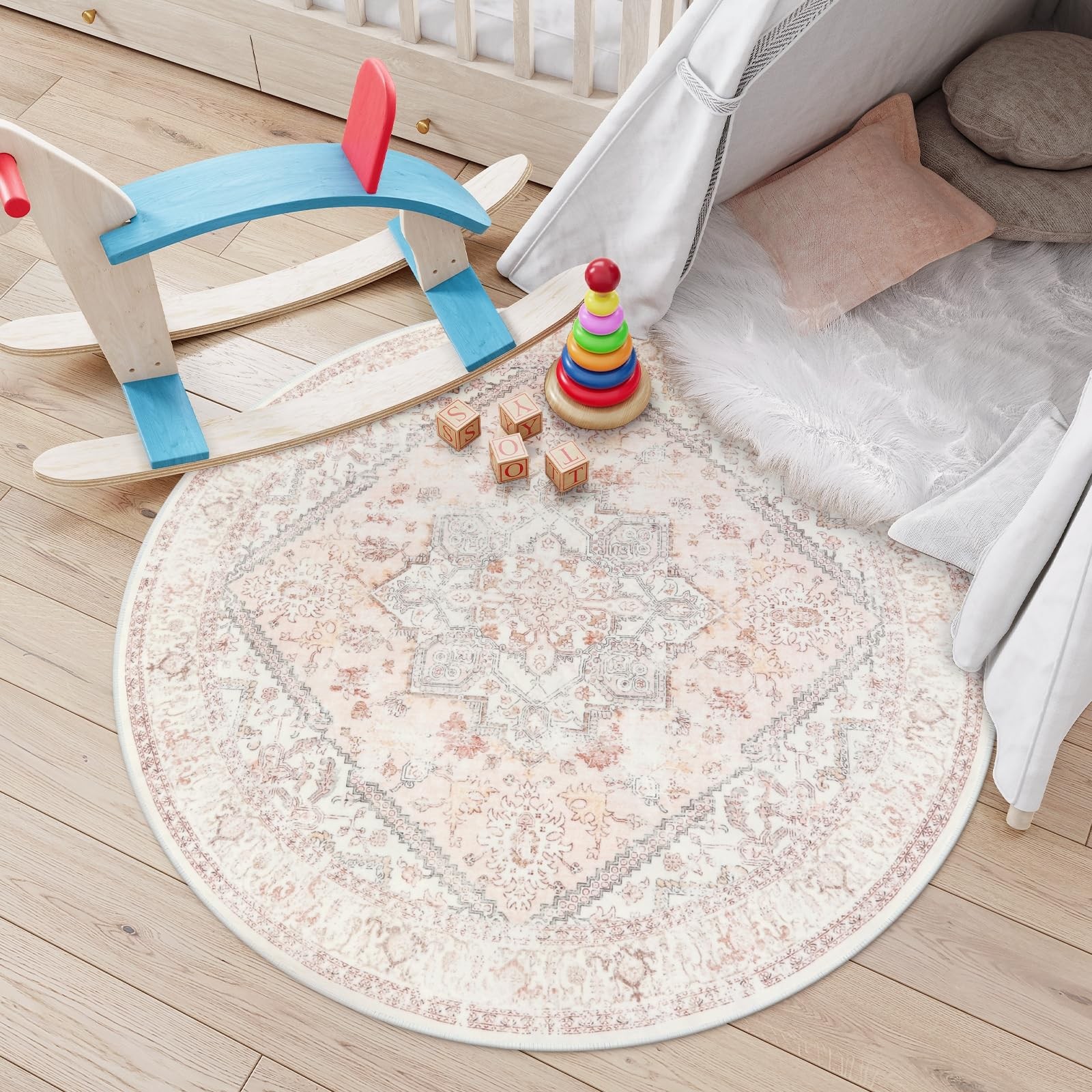 LIVEBOX Pink Vintage Round Rug 4ft Washable Floral Rug