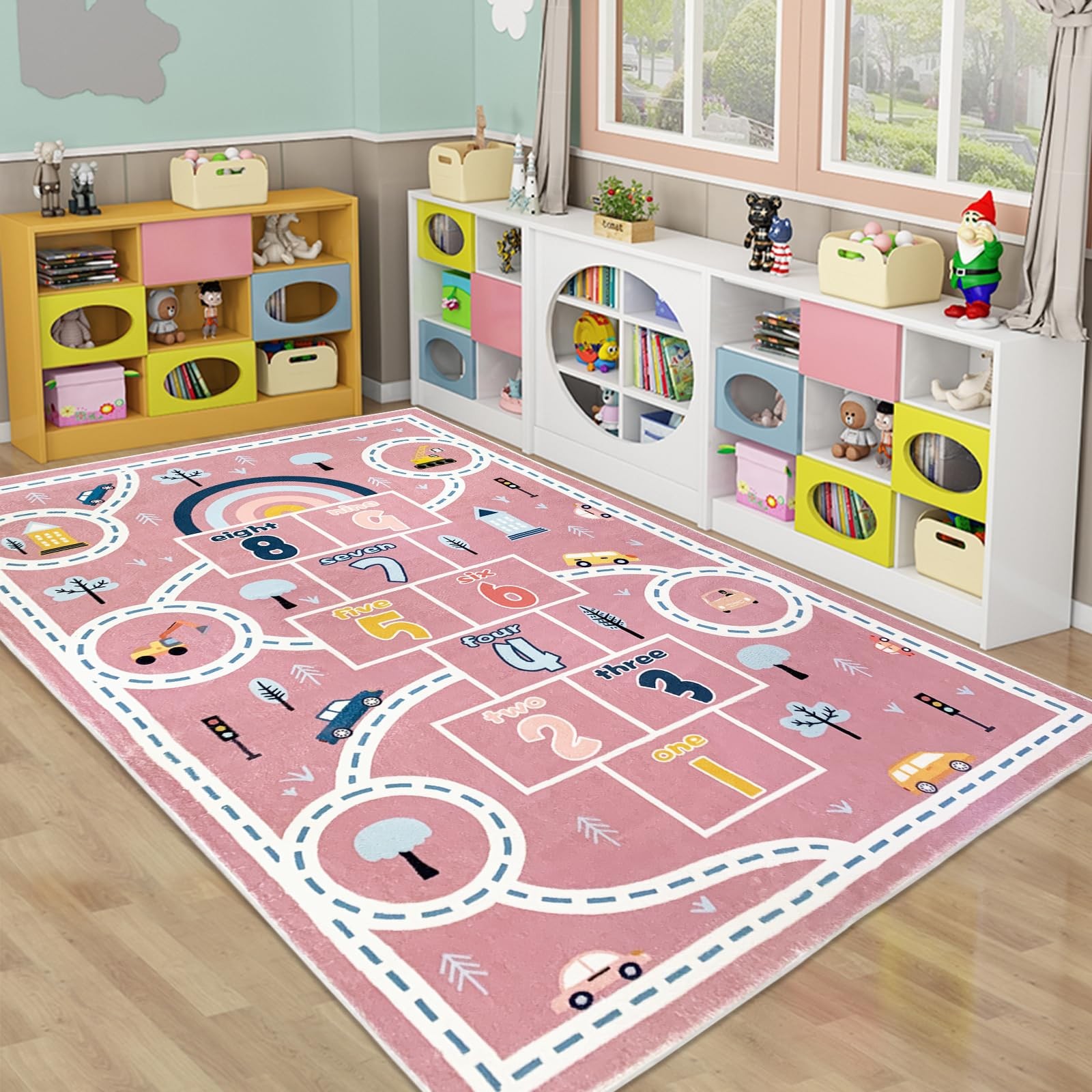 Kids Play Mat Hopscotch Car Area Rug 5.2×7.9ft Pink – Soft Educational Learning