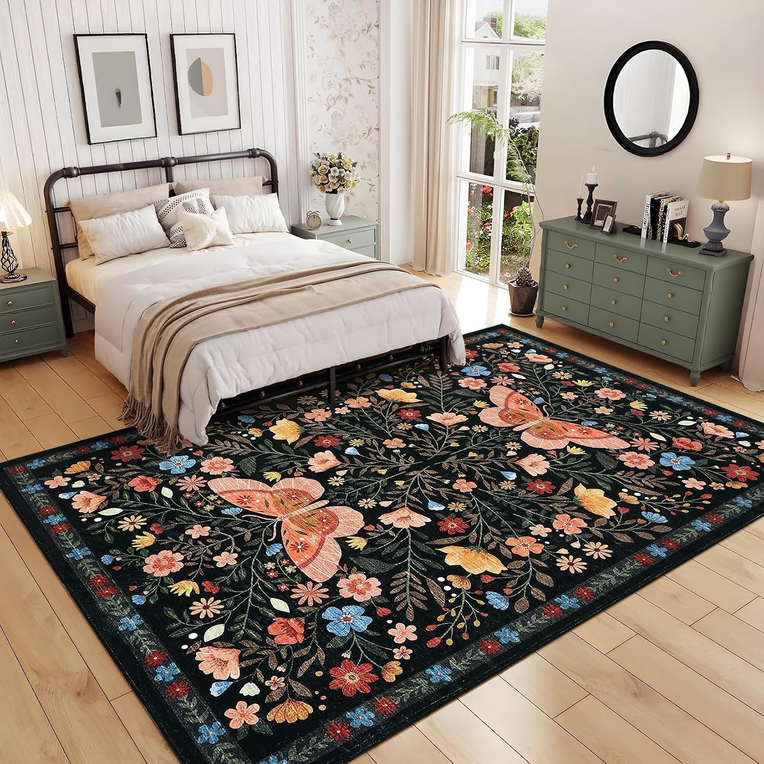 Farmhouse Butterfly Floral 5×7 Washable Area Rug Non Slip Living Dining Bedroom