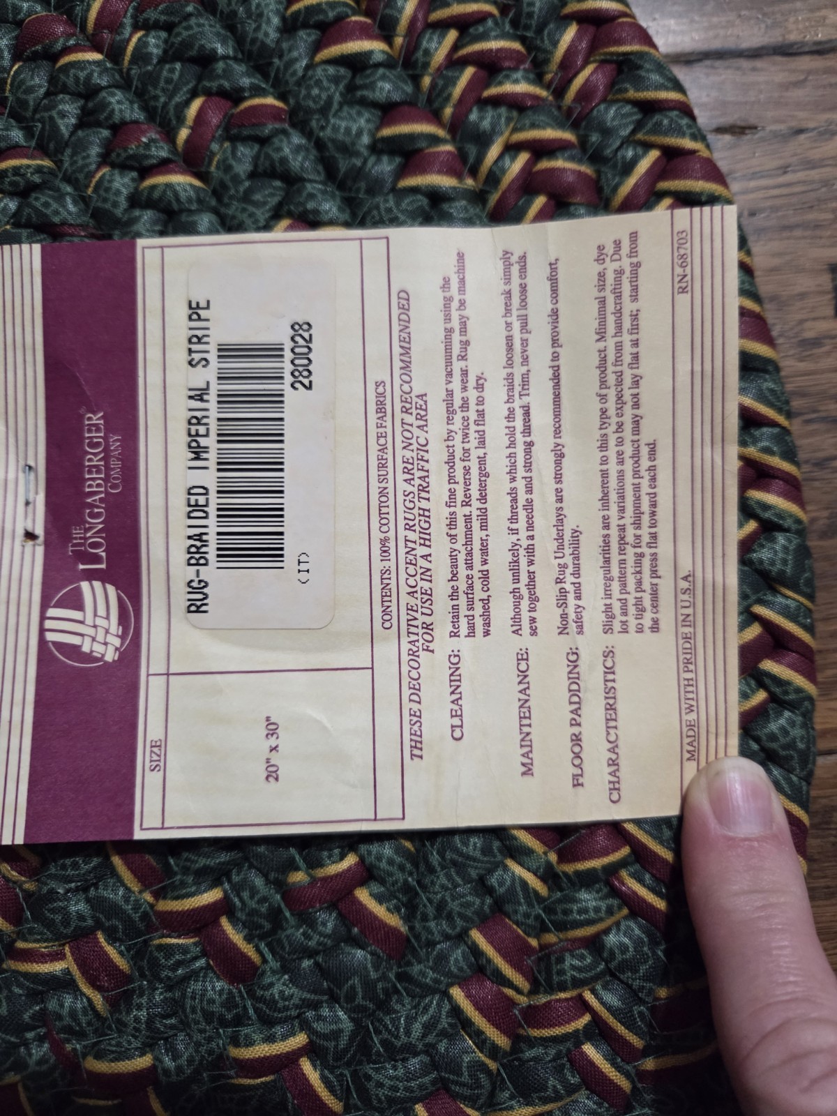 New Vintage Longaberger Oval Rug-Braided Imperial Stripe 20×30″ Green