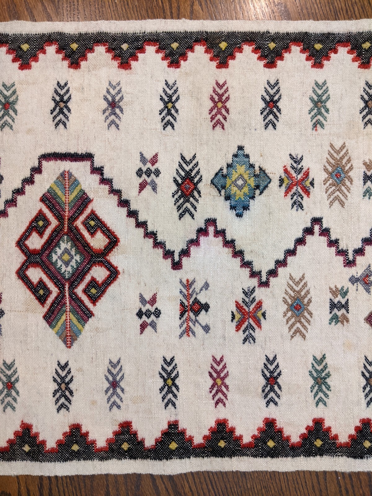 Vtg Hand woven Rug 58″ X 22″ Wool Natural Geometric Moroccan Turkish Greek Kilim