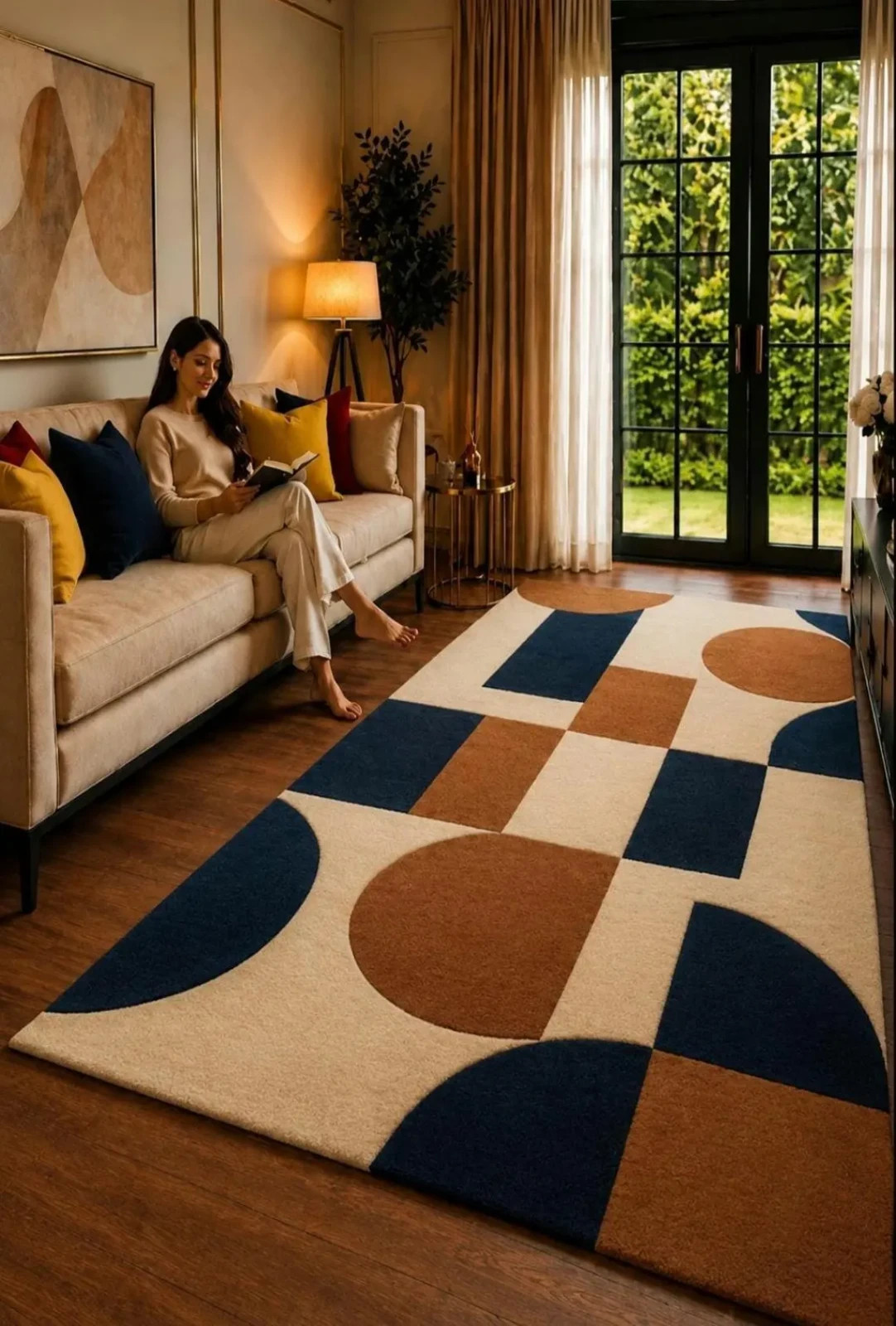 Hand Tufted Geometric Wool Rug: Modern Abstract Navy Blue Beige Area Carpet