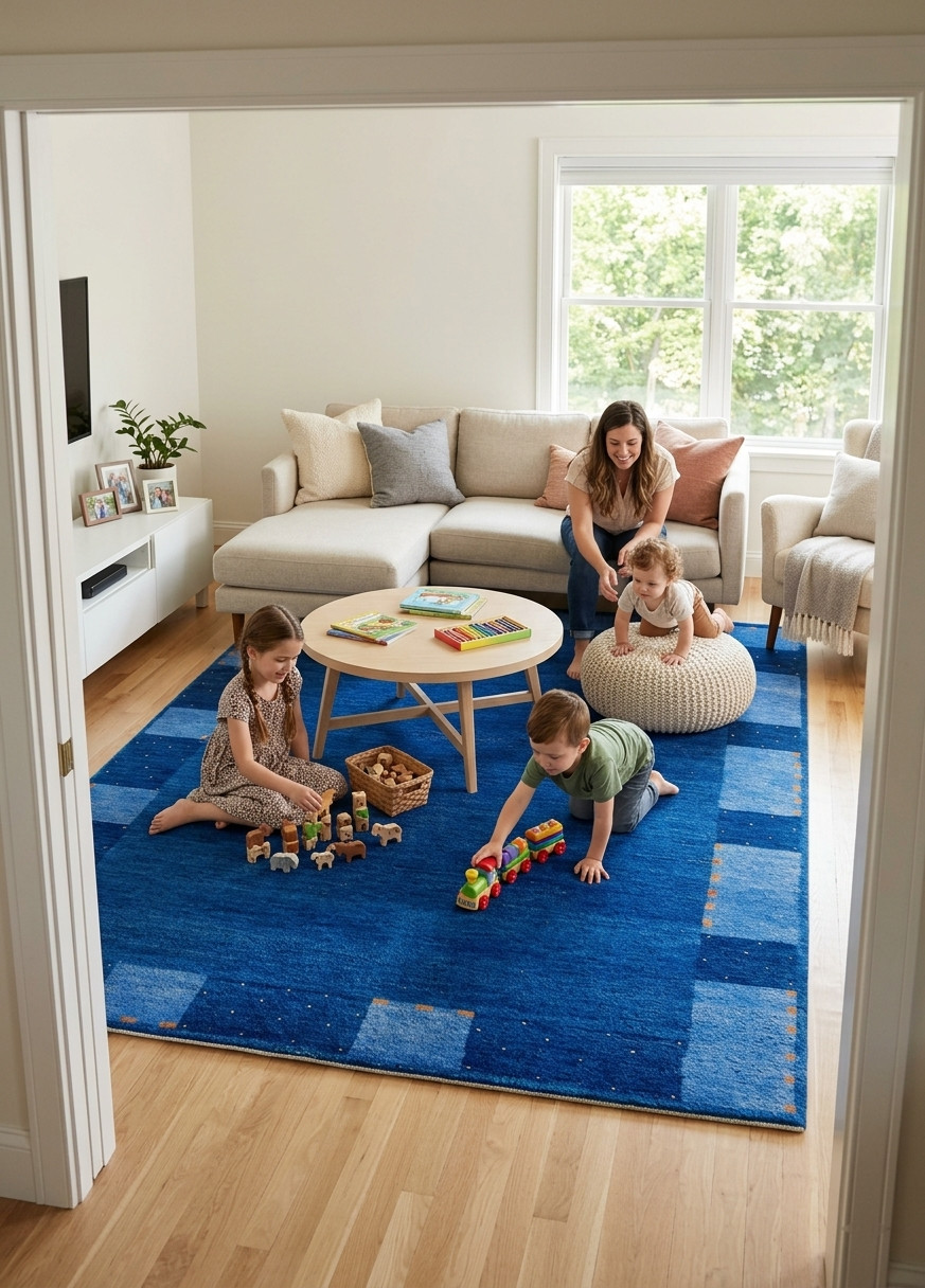 Handloom Gabbeh Wool Rug – Cobalt Blue Sky Minimalist Area Rug for Living Room