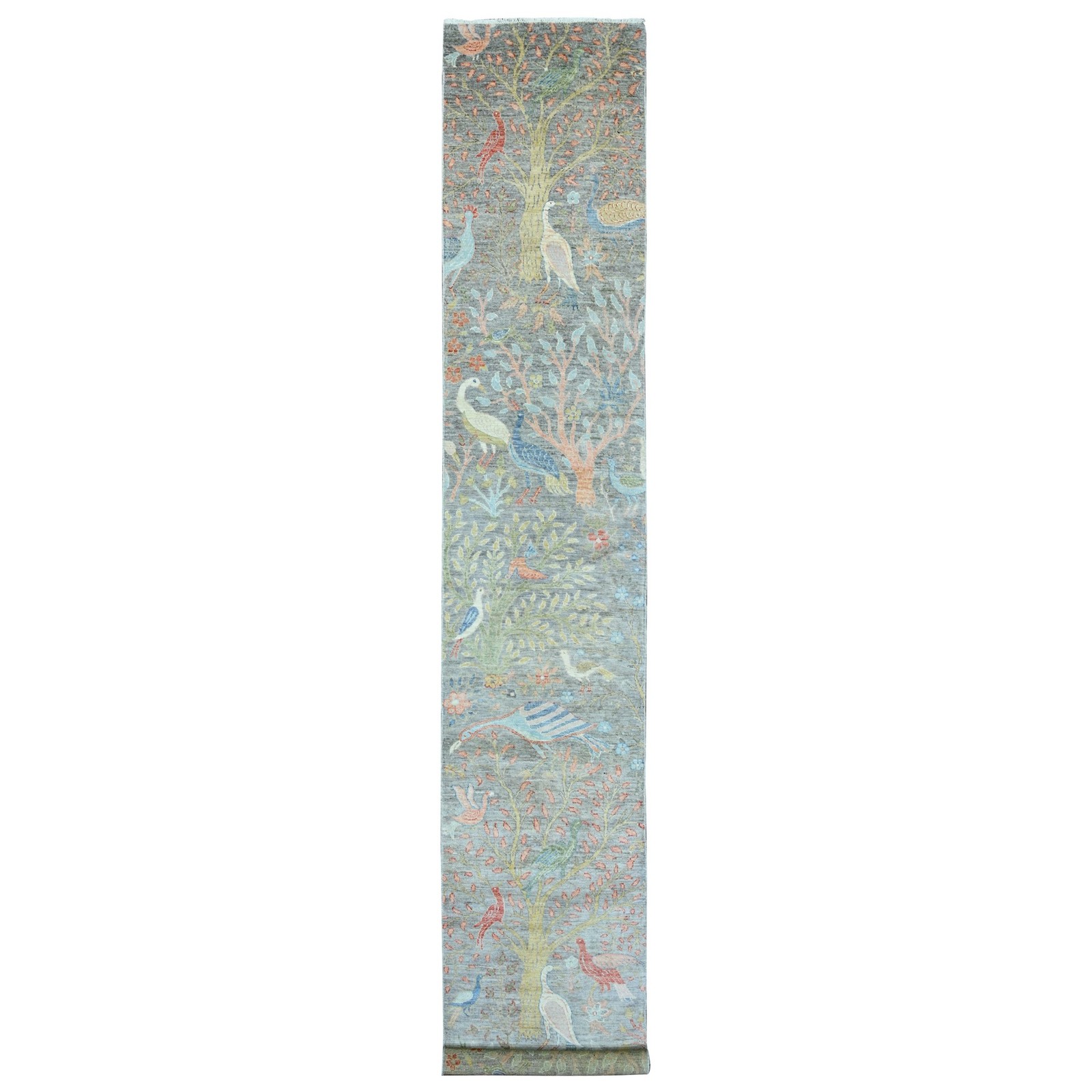 2’6″x15’7″ Gray Afghan Paradise Design Soft Wool Hand Knotted Runner Rug R20226