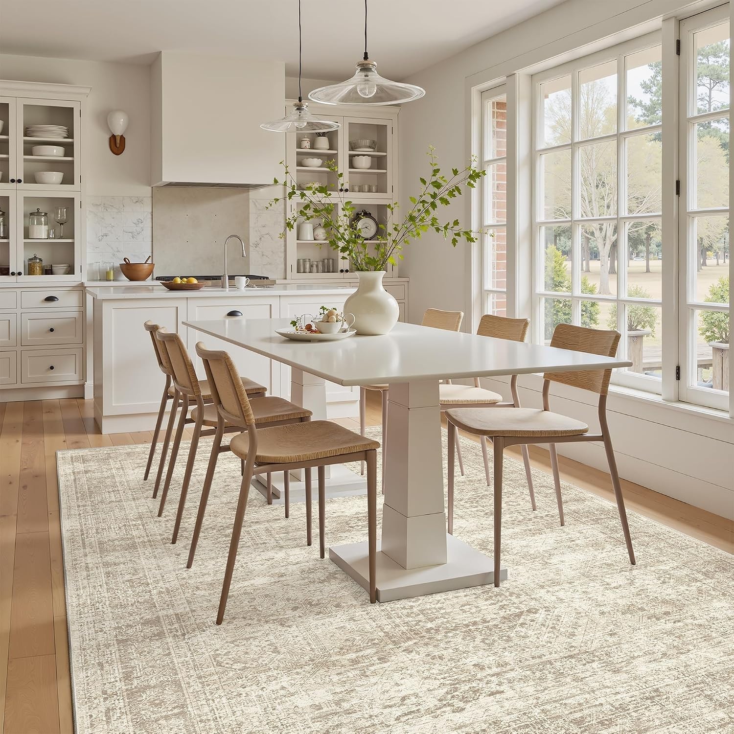 Pet-Friendly 5×7 Low Pile Area Rug – Elegant Beige Geometric Design