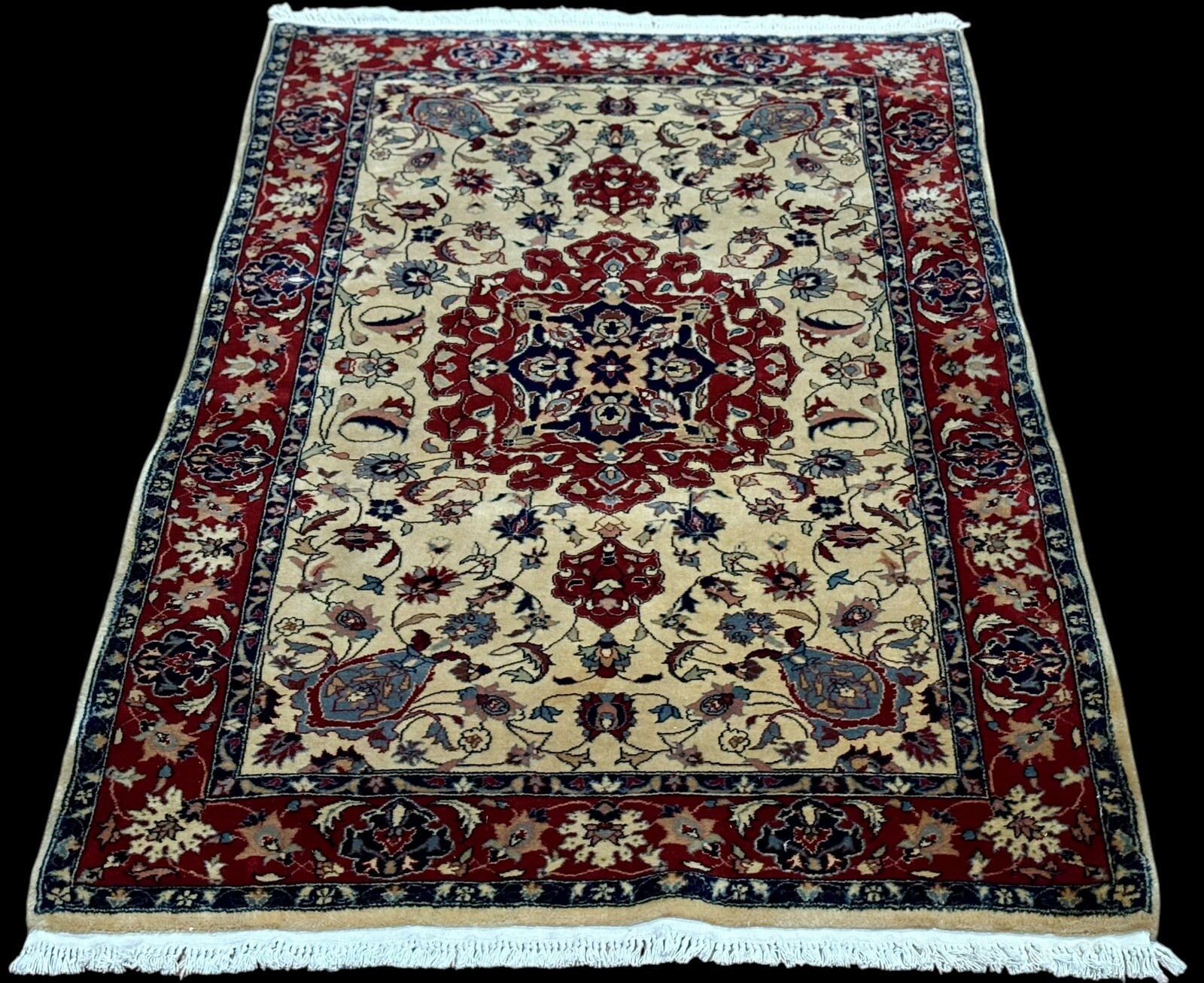 Vintage 3×5 Handmade Wool Floral Burgundy Tan Ivory Pink Navy Blue Medallion Rug