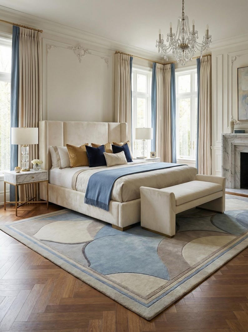 Modern Geometric Abstract Area Rug, Soft Blue & Beige Living Room Carpet