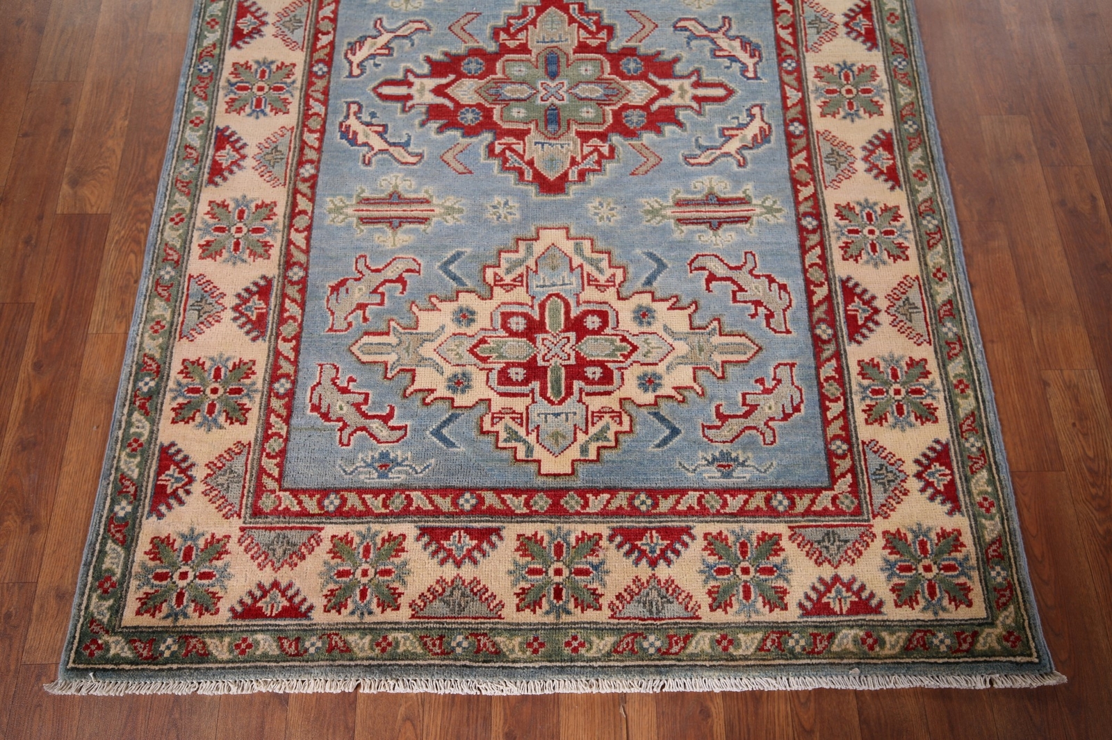 Vibrant Color Geometric Kazak Pakistani Traditional Rug Blue/ Ivory 4×6 ft