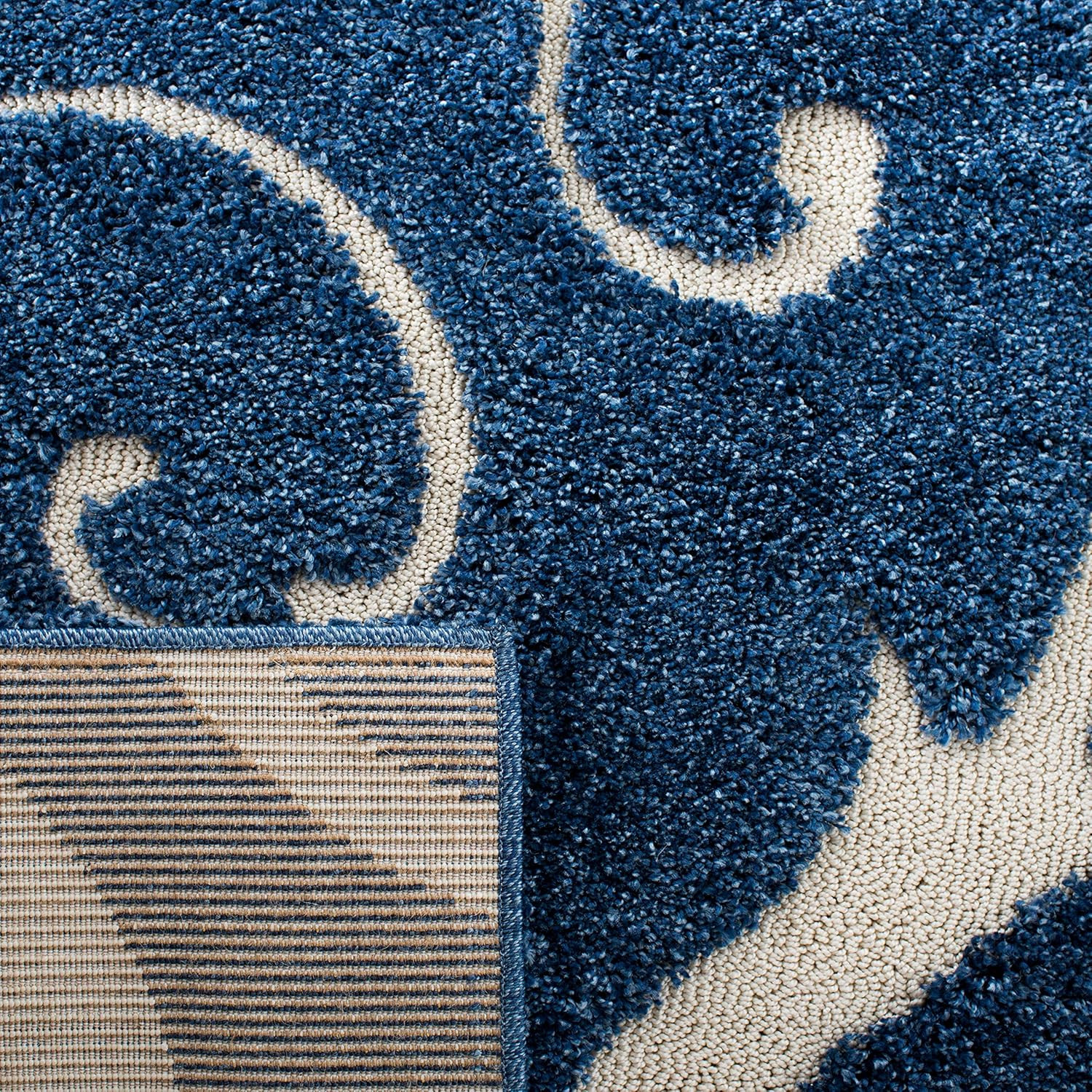 Florida Shag Area Rug 6’7″ Square, Dark Blue & Cream, Easy Clean, Plush Pile