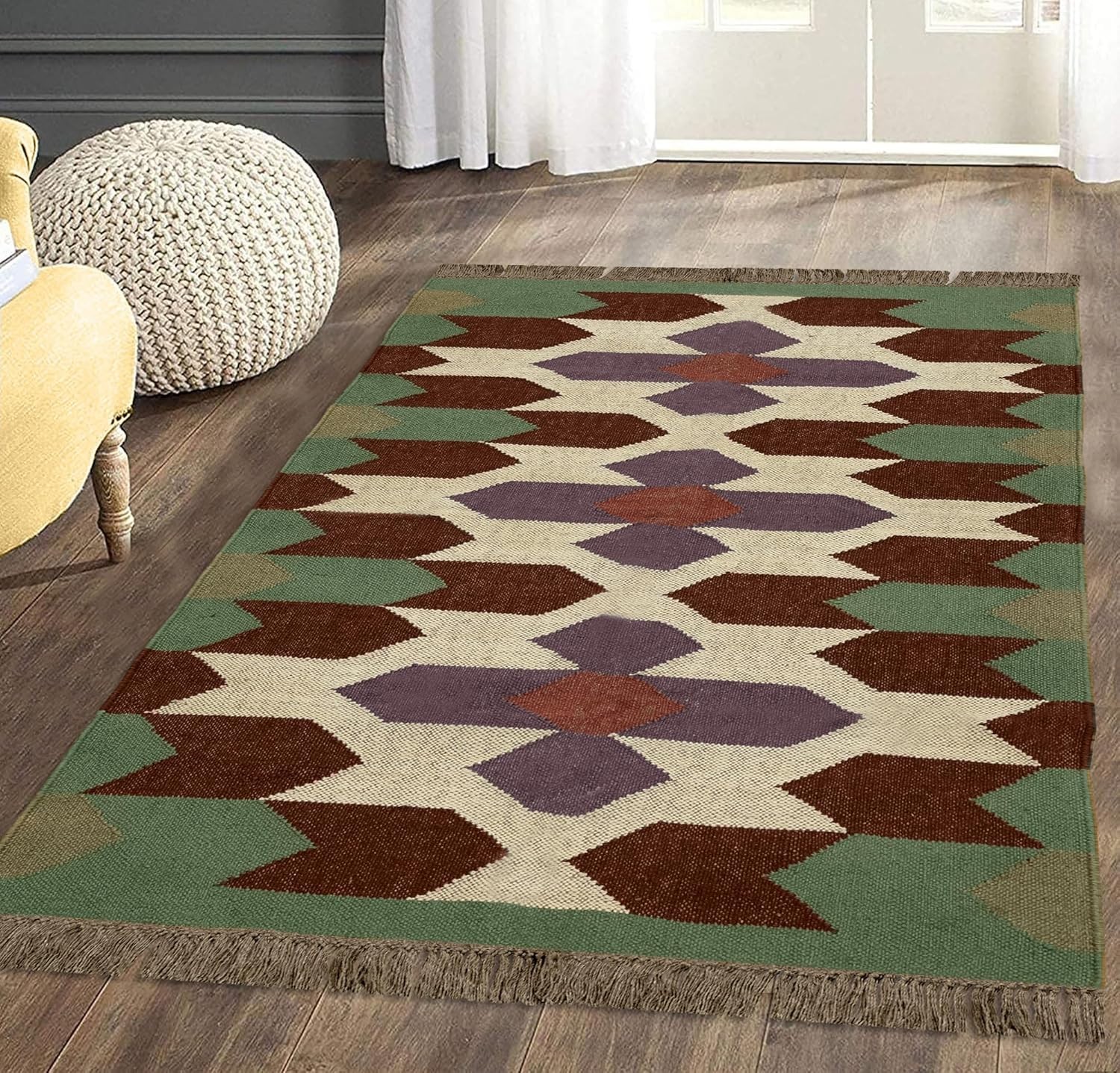 New Design Color Green & Chocolate Brown Hand Woven Wool Jute Kilim Area Rug