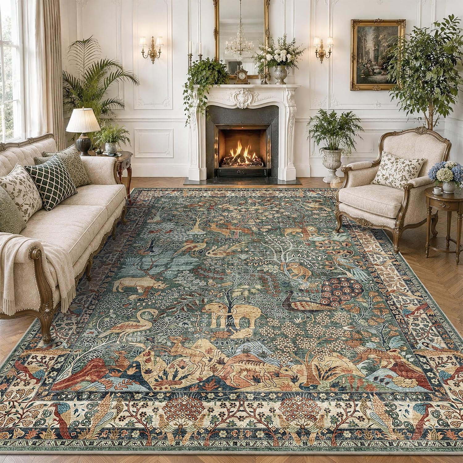 8X10 Green Boho Area Rug, Vintage Jungle Animal Print Large Washable Rug, Non Sl
