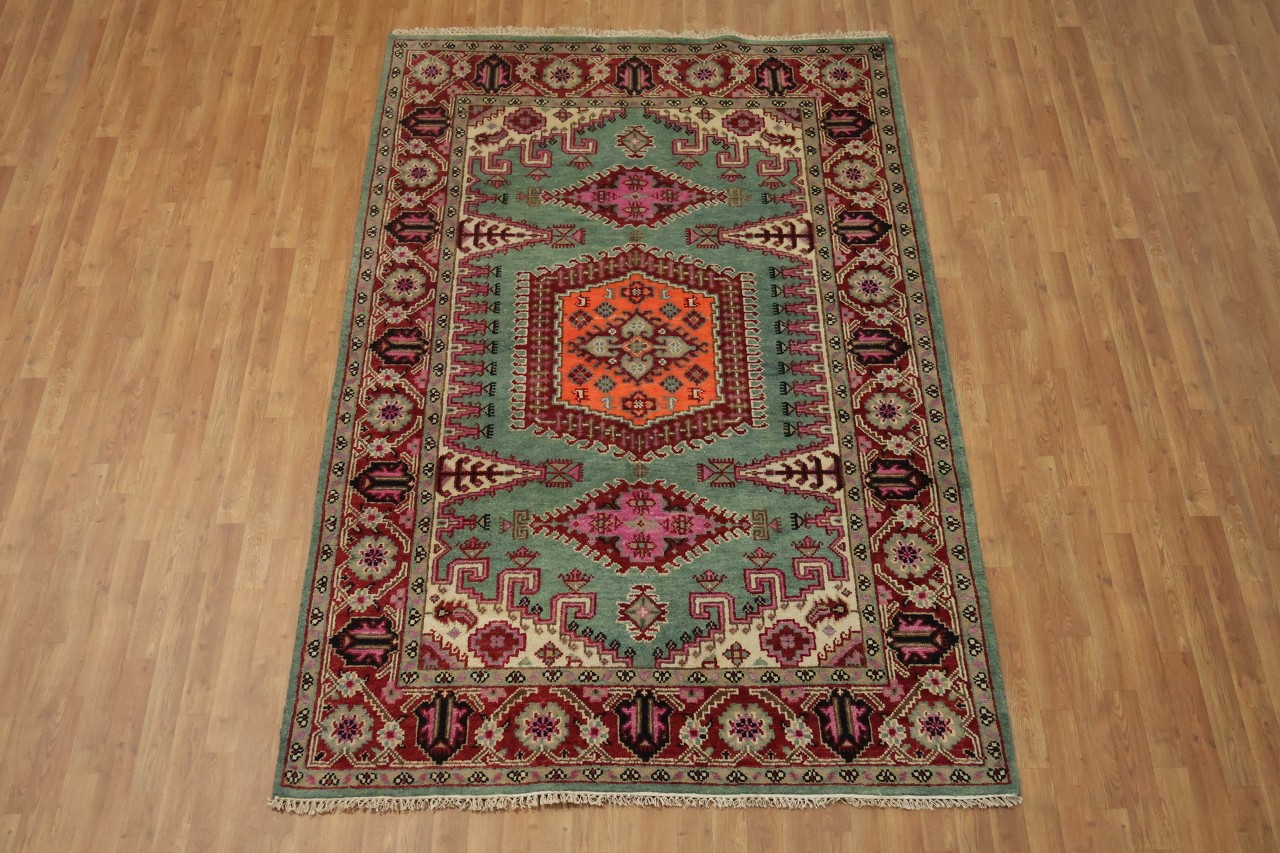Elegant Turquoise and Coral 6×9 Traditional Hand-Knotted Wool Area Rug