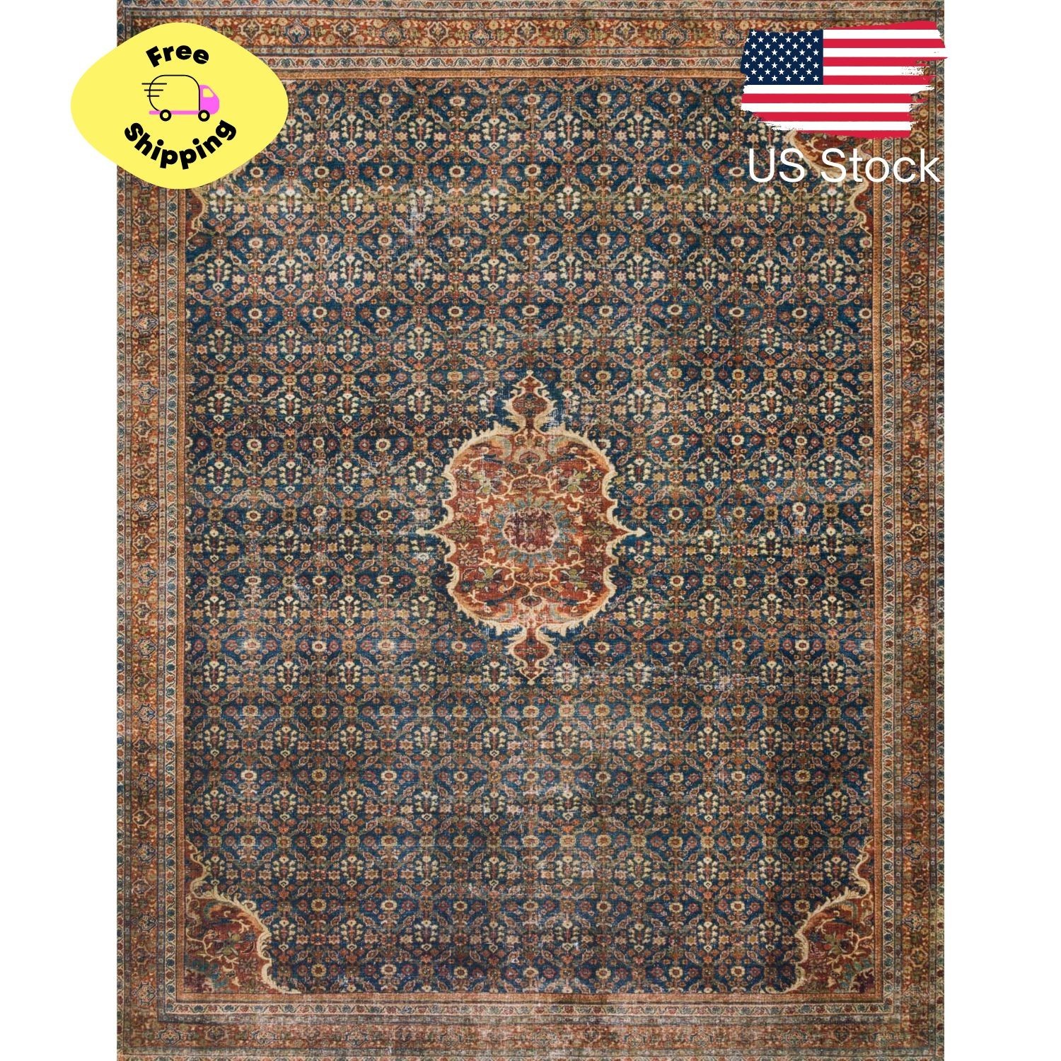 Printed Oriental Distressed Cobalt Blue / Spice Area Rug