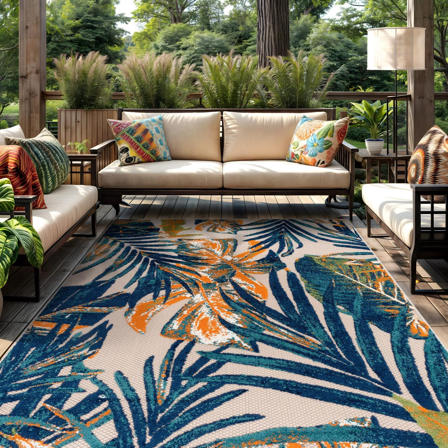 Tropical Floral Leaves Indoor/Outdoor Area Rug Durable Polypropylene, Non-Sheddi