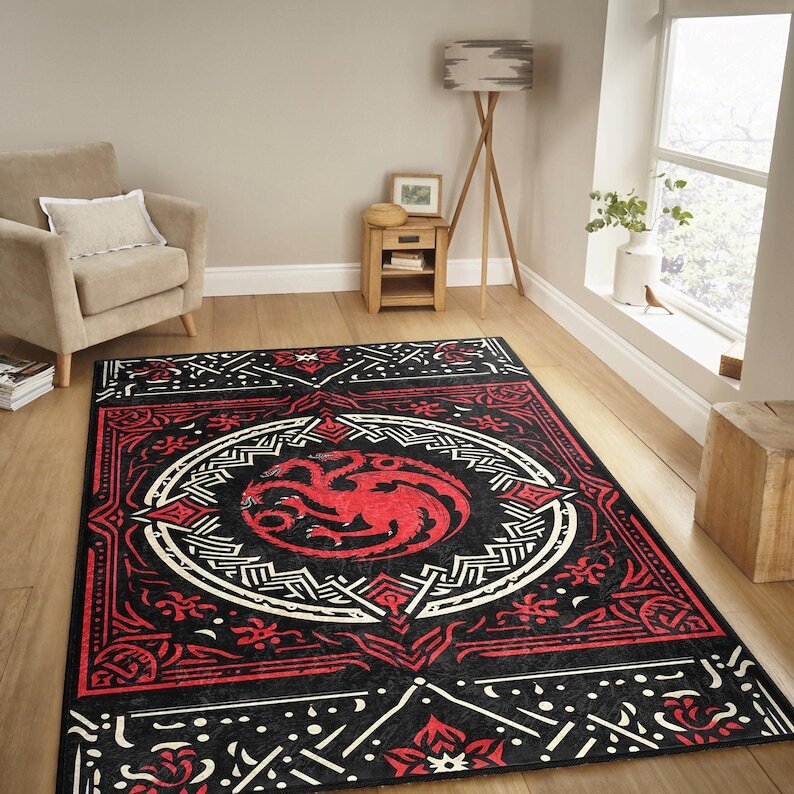 Thrones Area Rug – Non-Slip Washable Red and Black Carpet – Targaryen Mythical D