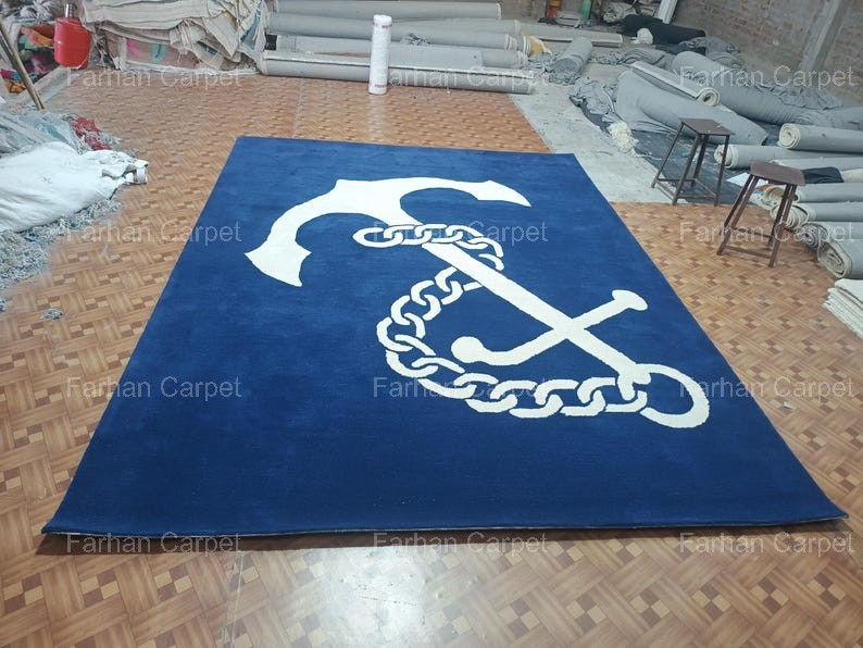 Modern – Nautical Design Hand Tufted- Wool Area Rug – Blue & White Anchor Chain.