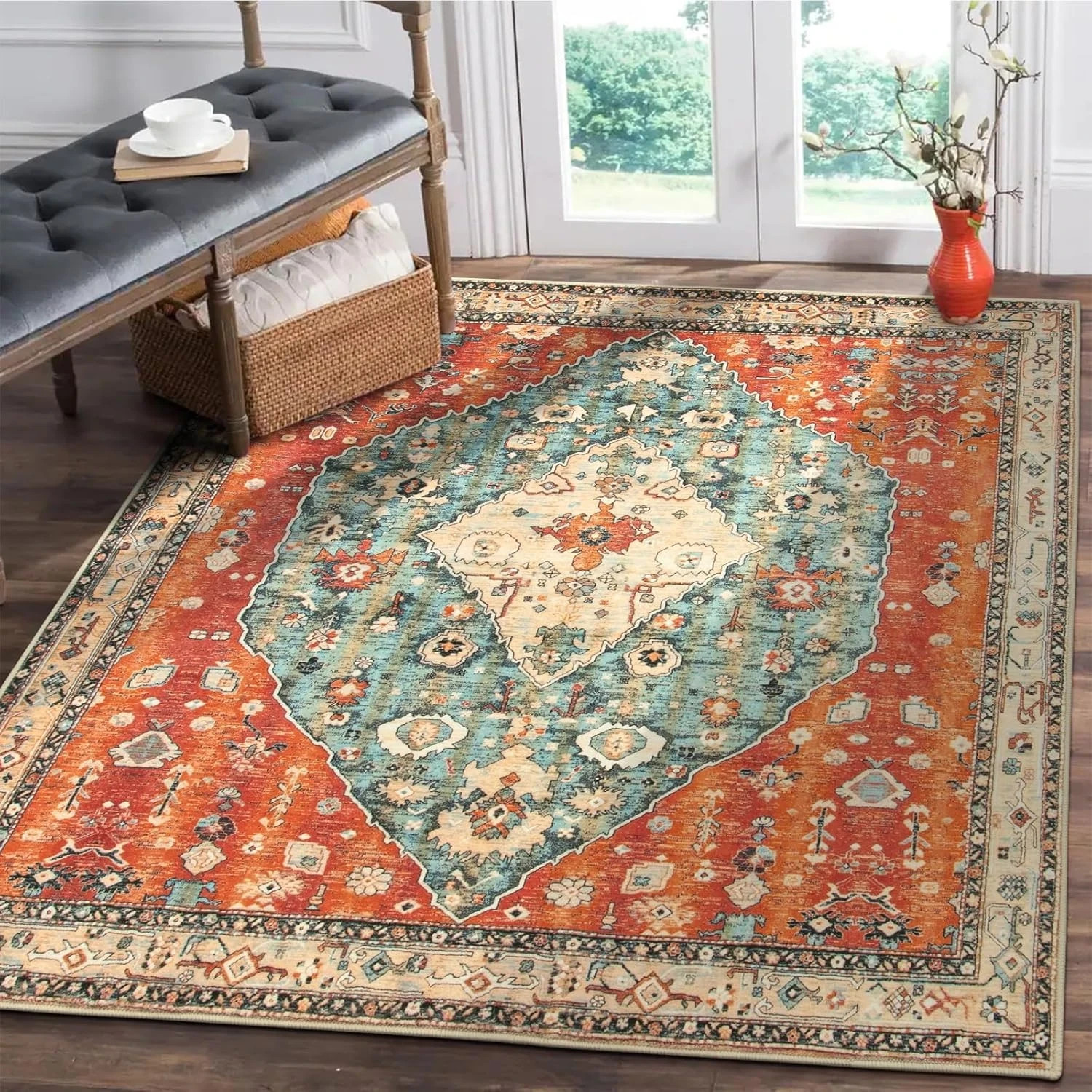 Felice Boho Tribal Square 4X4 Washable Rug, Soft Living Room Kitchen Entry Rugs