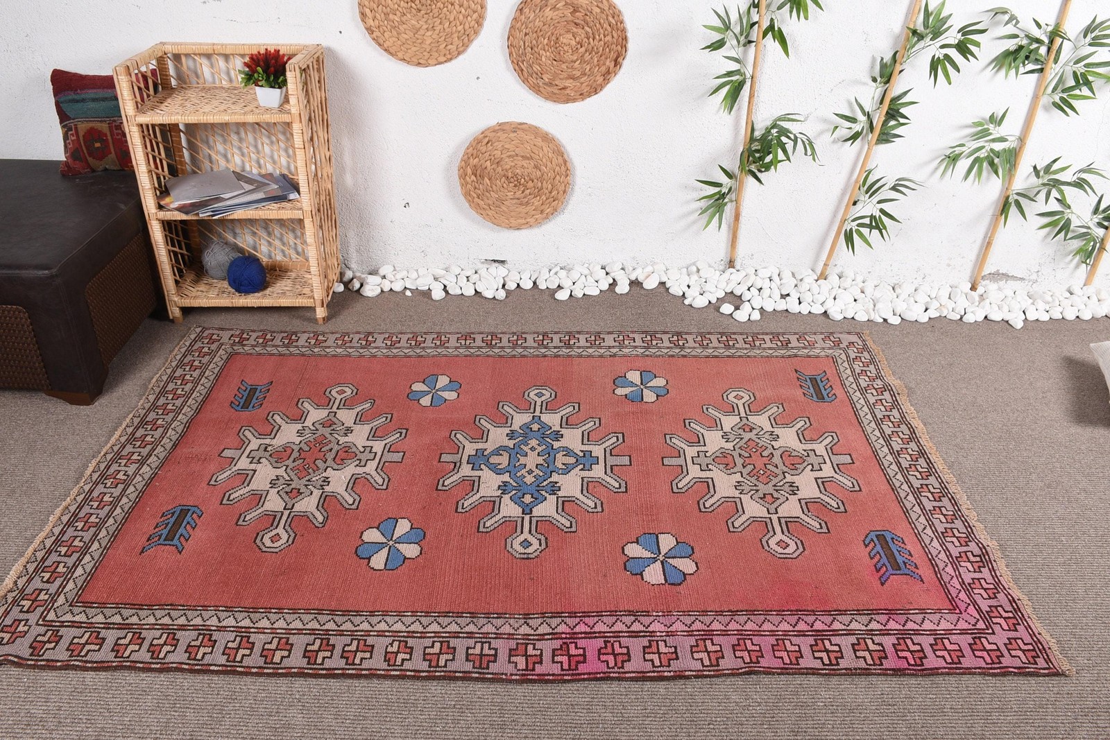 Turkish 4,3×7 ft Rug, Area Vintage Rug, Red Blue Moroccan Rug