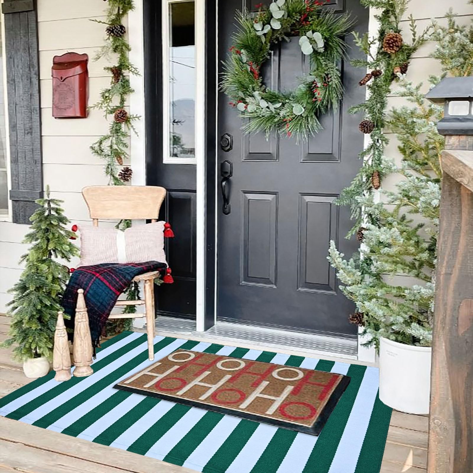Green & White Striped Rug, 2’4″ x 3’7″ Indoor/Outdoor Area Rug for Front Porc…