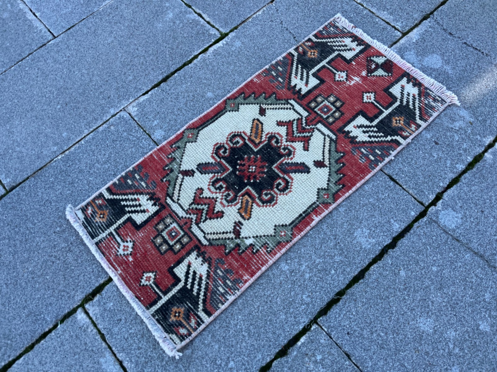 Vintage Turkish Small Rug 1.1×2.5 ft Handwoven Anatolian Wool Mini Runner
