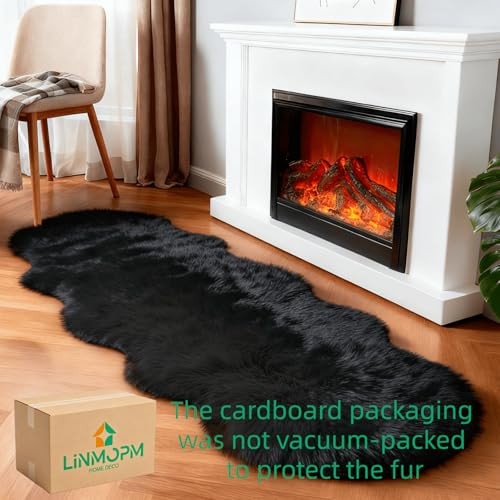 Faux Fur Rug Sheepskin Shag Fluffy Fuzzy Black 2×6 ft Runner Rugs for Bedroom
