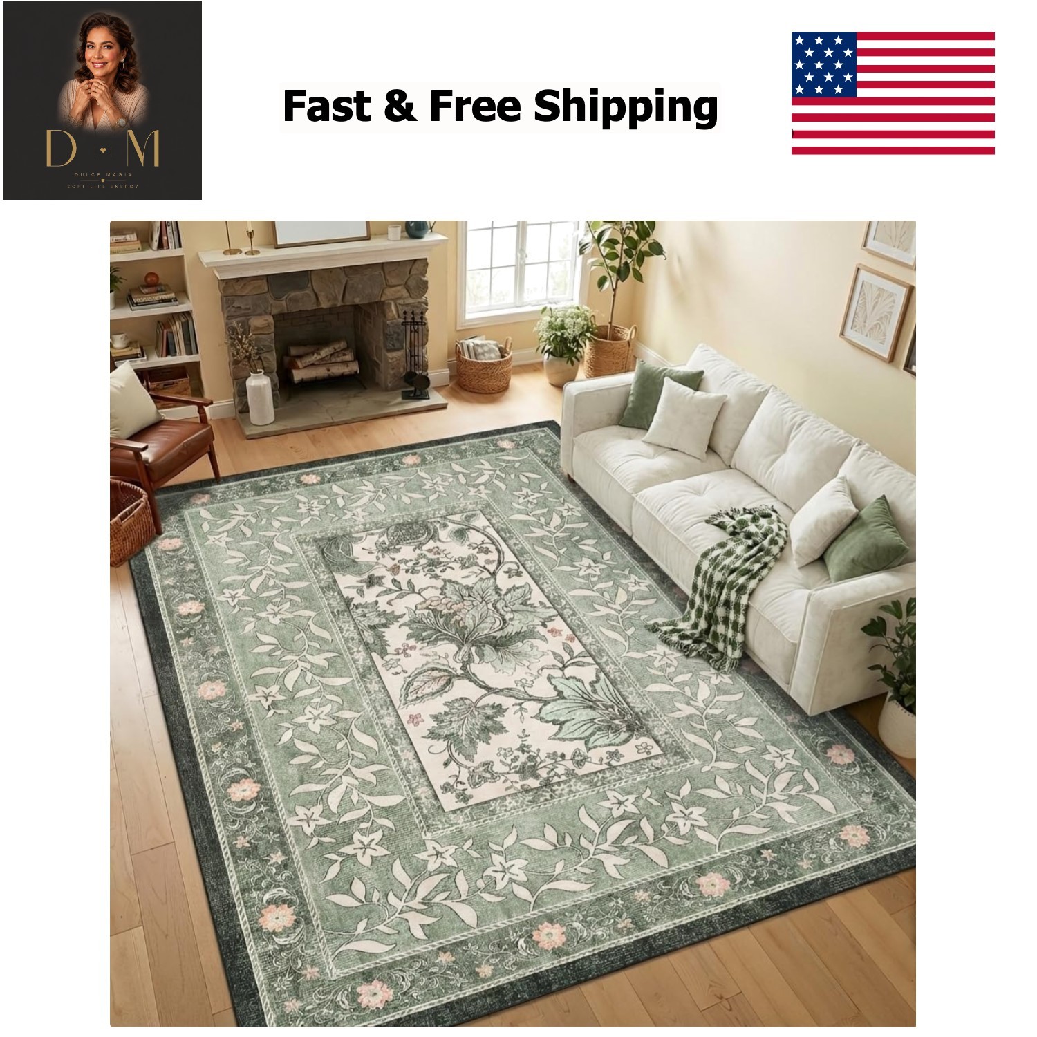Provence 5×7 Area Rugs, Botanical Grove Sage Green Vintage Cottagecore Non-Sl…