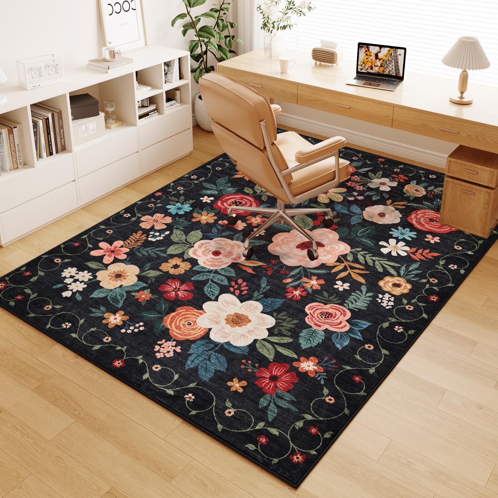 Floral 5×7 Area Rug – Lightweight, Non-Slip, Washable, Low Pile Boho Design for