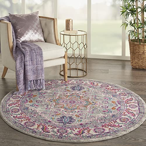 Home Passion Light Grey Pink 4′ x Round Area Rug – Easy Clean, Non Shedding,