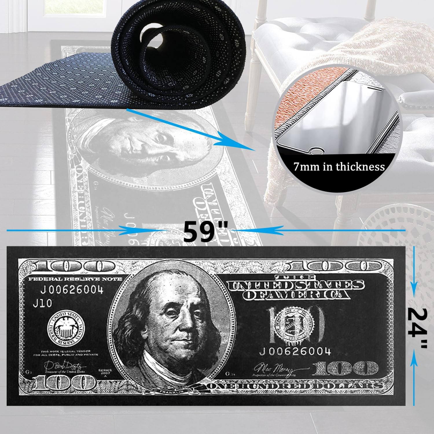100 Dollar Bill Runner Rug for Hallway Black and White Area Rug for Bedroom Mode