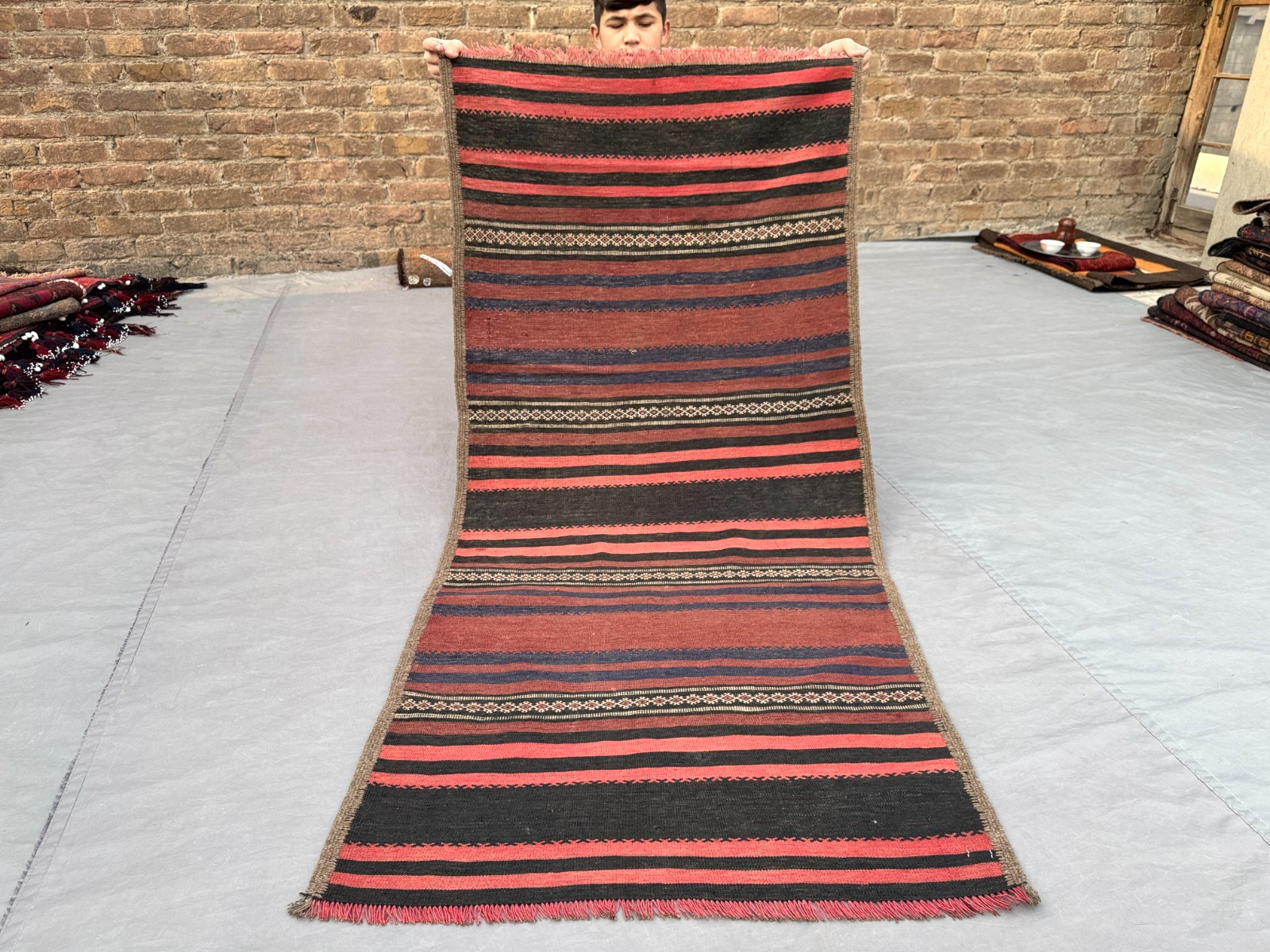 2’9 x 5’9 Ft Vintage Afghan Tribal Kilim Runner – Fine Striped Flatweave Red Rug
