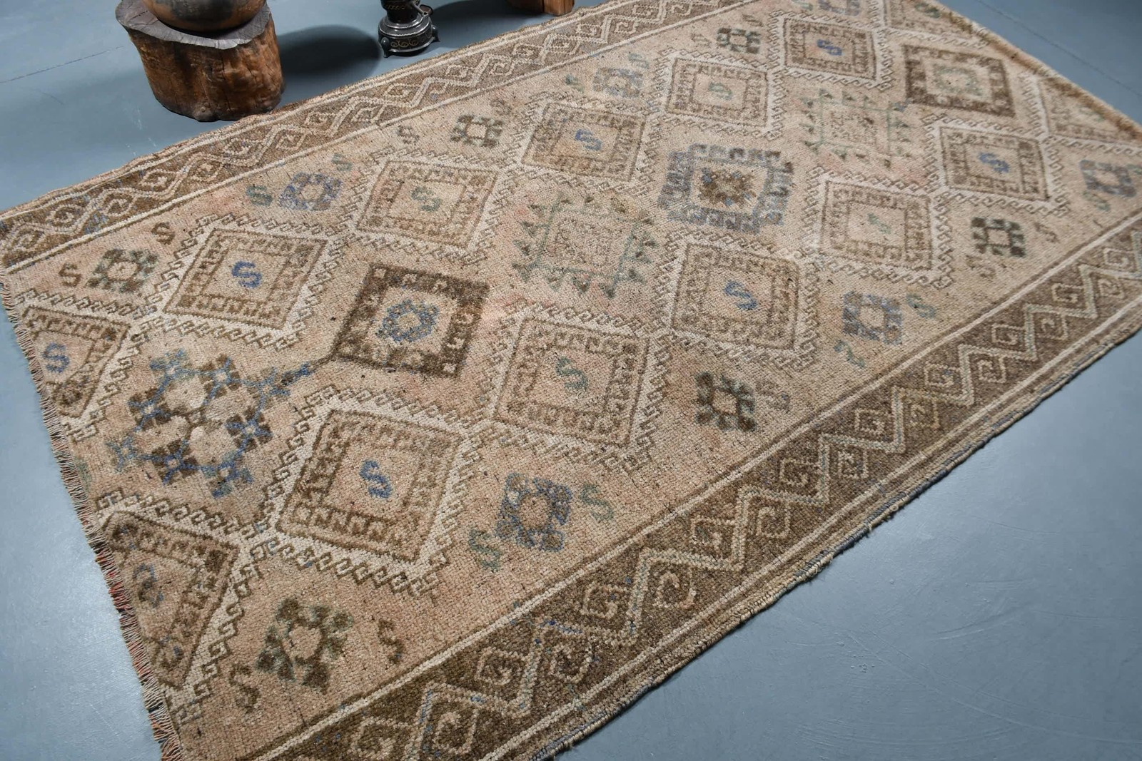 Turkish Vintage Rug, 5,3×8,2 ft Rug, Brown Blue Polka dot Rug