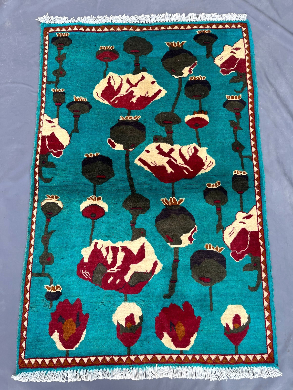 2’8 x 4 Ft Rare Afghan Opium Rug – Turquoise Field Tribal Pictorial Wool Carpet