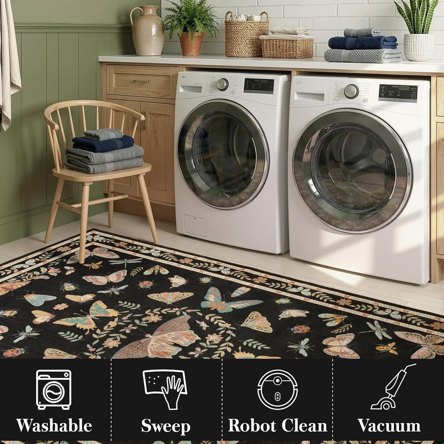 2X6 Black Runner Rug, Washable Non Slip Insect Botanical Rug for Hallway, Kitche