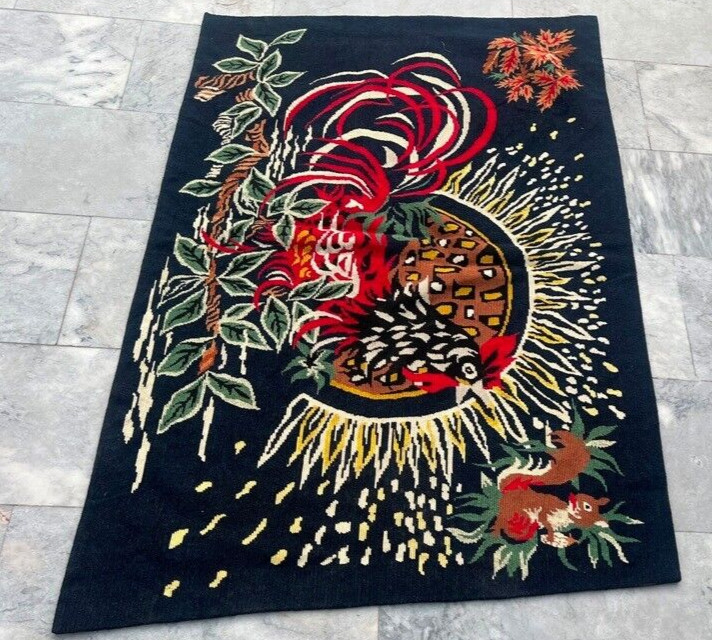Vintage Aubusson Tapestry Rug, Needle Point Peacock Rug, 3×5 ft Free Ship
