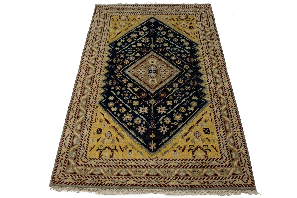 Geometric Indo Gabbeh Kazak Tribal Rug Navy & Beige Oriental Area Carpet 5X8 ft