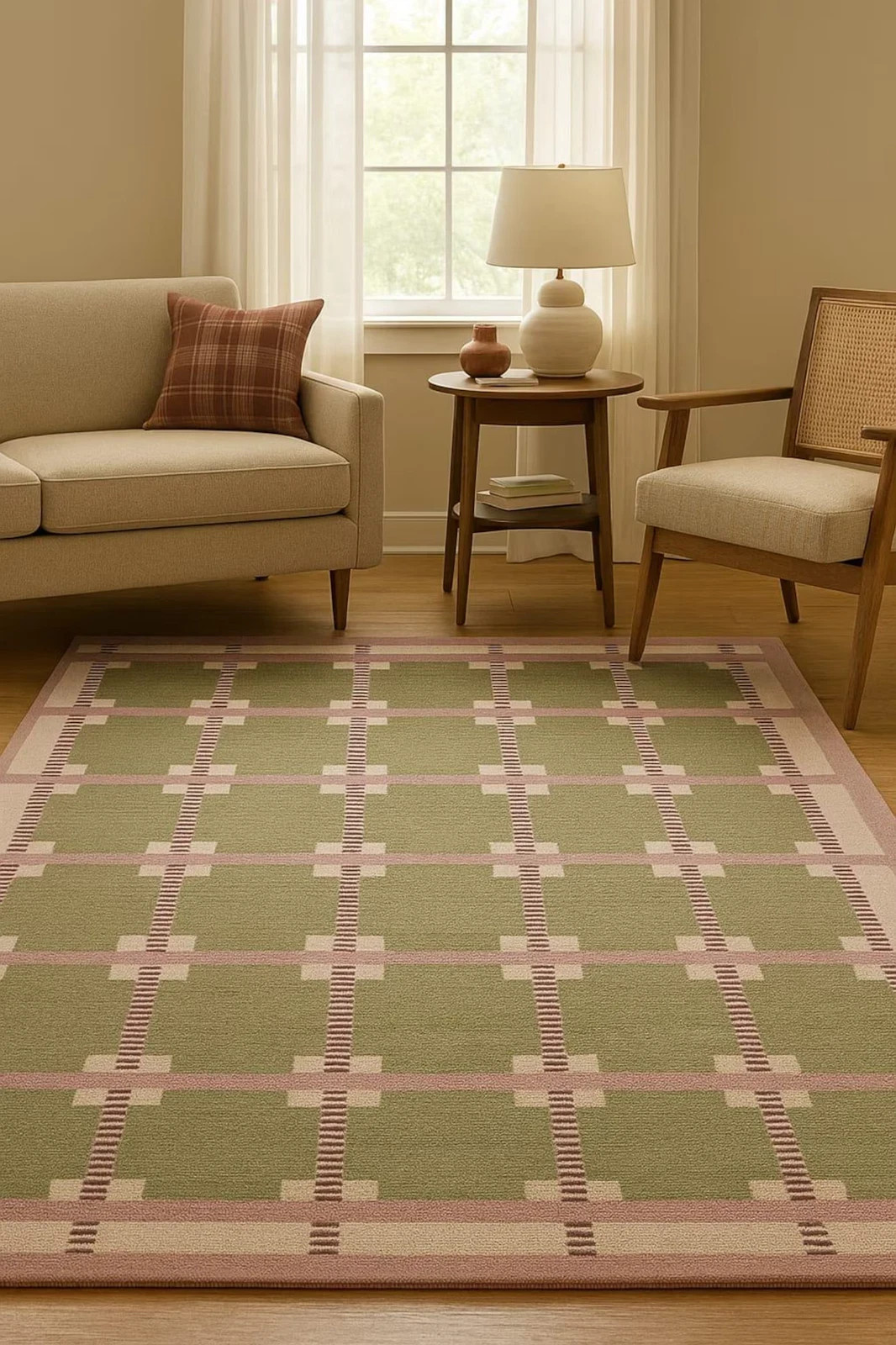 Sage Green & Blush Pink Grid Rug Modern Geometric Wool Area| Hand-Tufted Carpet