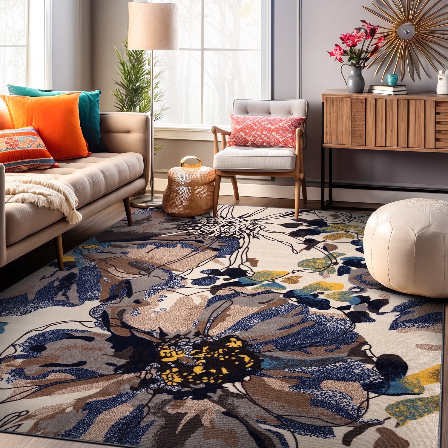 Rugsop Area Rug Modern Bright Flowers Non-Slip Carpet Large Living Room Rug 8×10