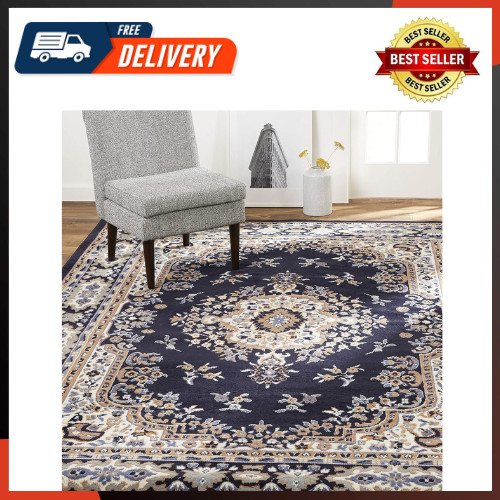 Premium Sakarya Traditional Medallion Area Rug, Navy Blue/Brown 5’2″X7’4″