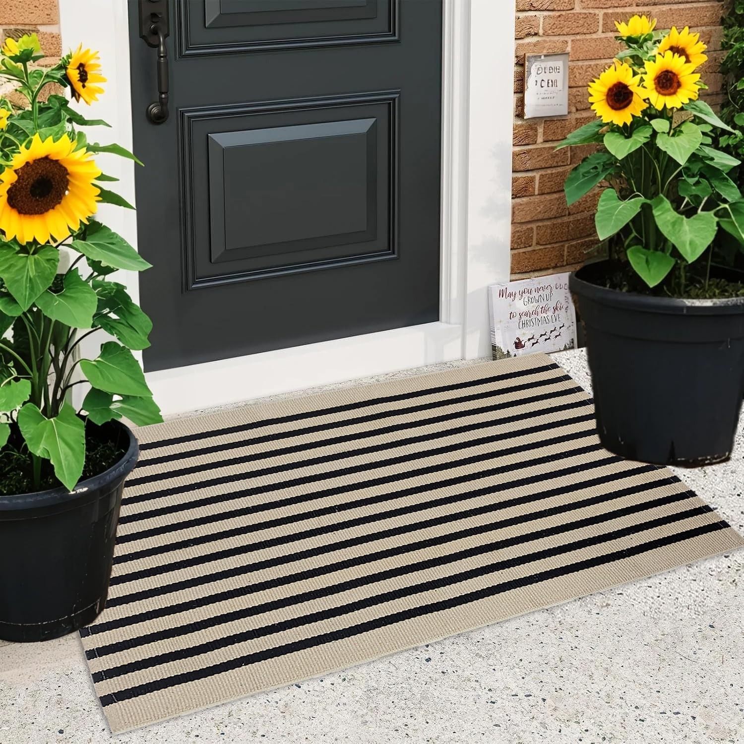 Striped Front Door Mat Black Tan Striped Doormat 27.5” x 43.3” Small Cotton…