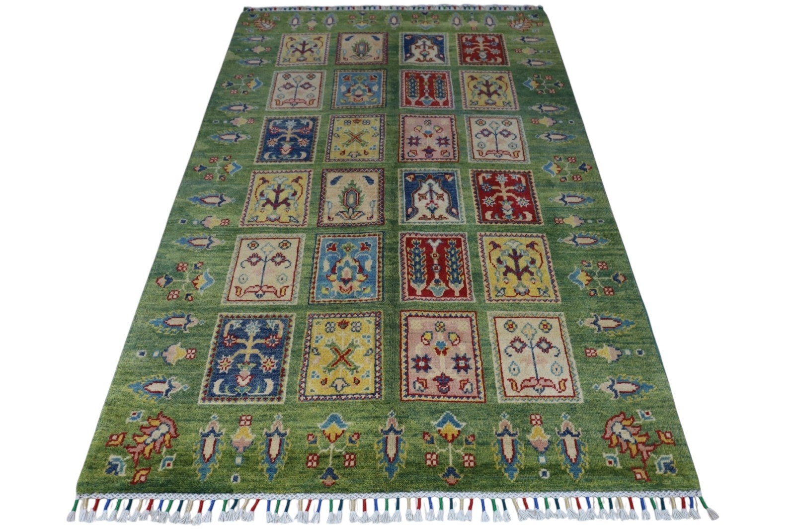 Hand-Knotted Kazak Bakhtiari Afghani Wool Rug I Green 4′ x 6′