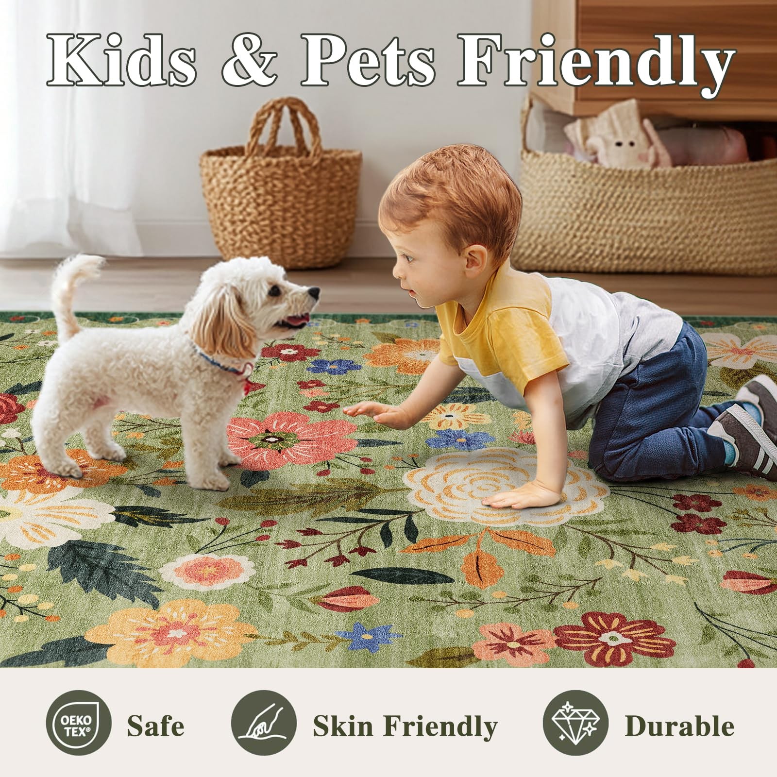 Best 5×7 Washable Area Rug for Living Room, Floral Non-Slip Non-Shedding & Easy