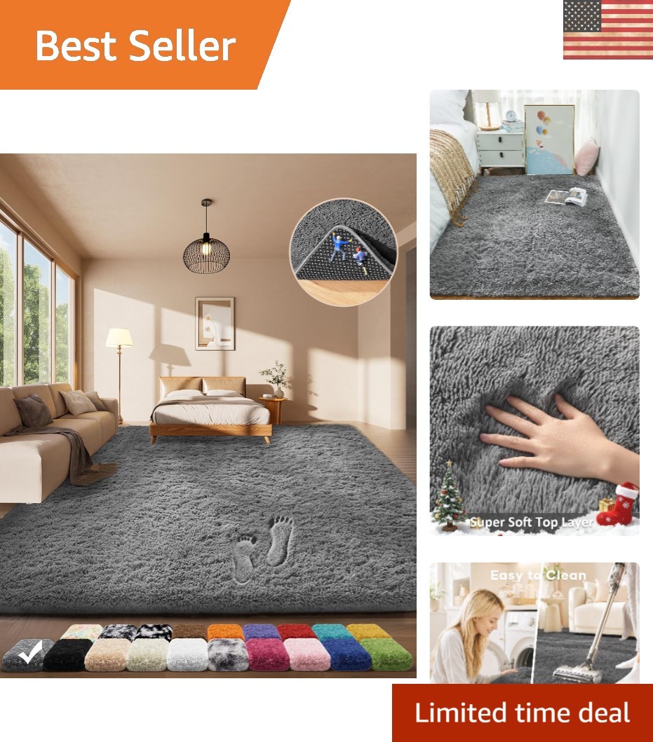 Washable Non-Slip Fluffy Soft Grey Shag Area Rug, 4×6 for Stylish Comfort