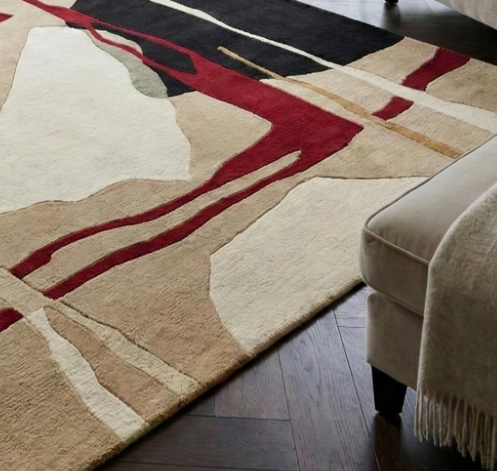 Mid Century Modern Abstract Rug 3D Textured Geometric Red Black Beige Area Rug