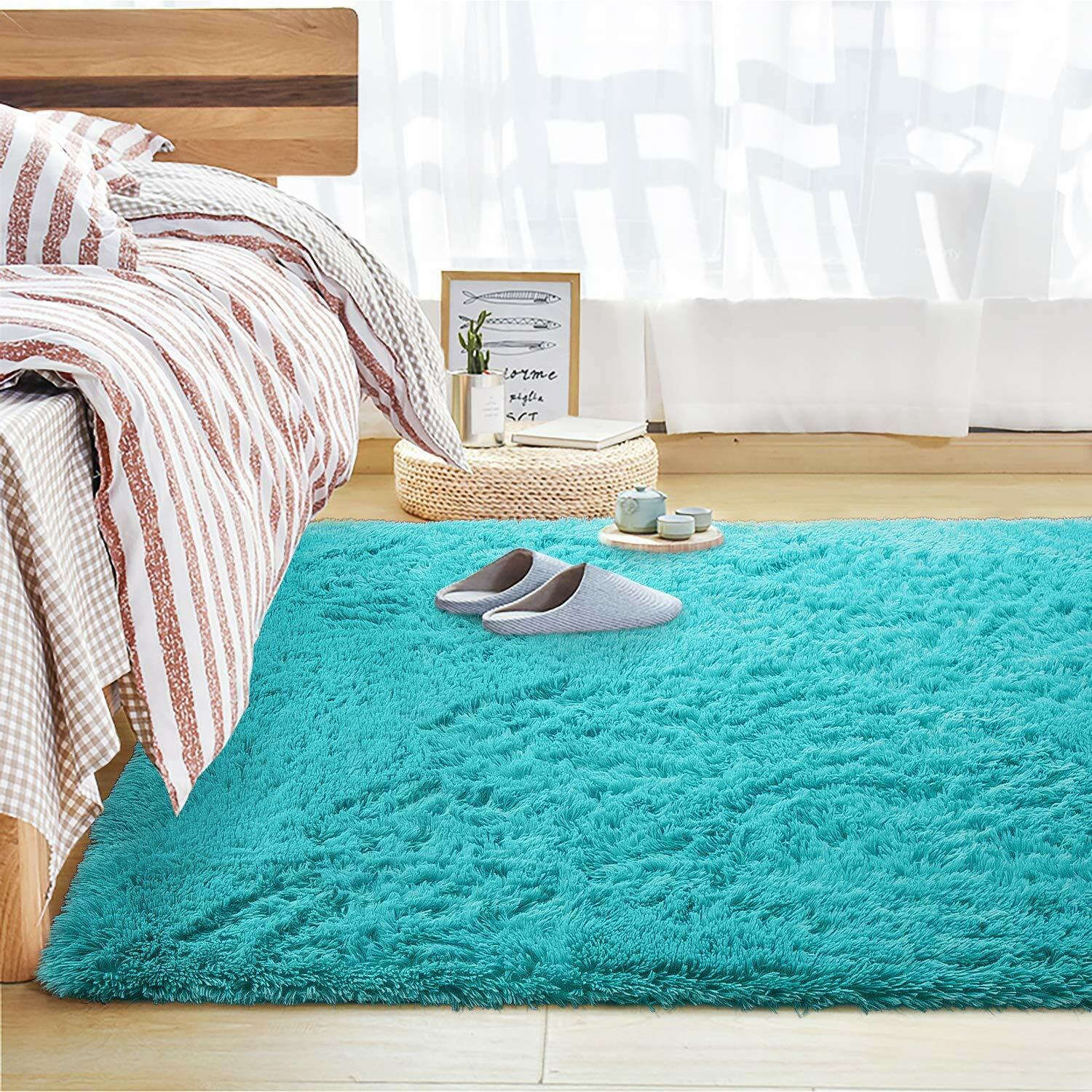 Modern Fluffy Carpet Soft for Living Room Bedroom Plush Fuzzy Anti-slip Rug Blue