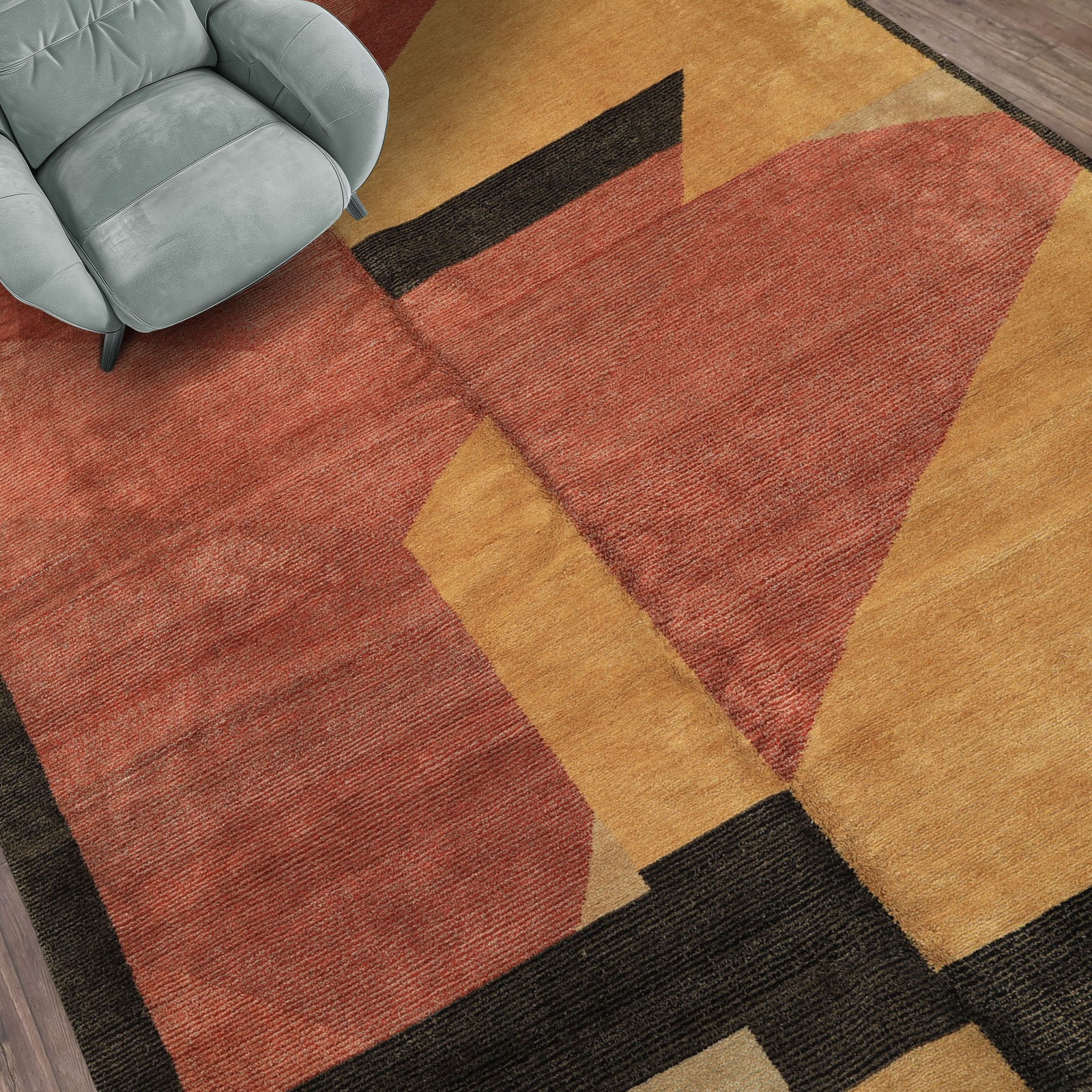 6’x8’10” Hand Knotted Wool & Silk Rust Tibetan Textured Block designer Rug
