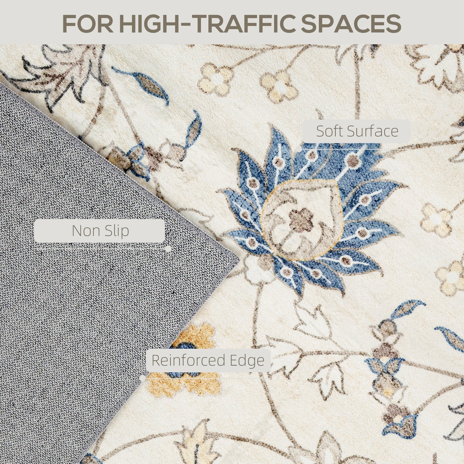 HOMCOM Machine Washable Area Rug 4×6, Boho Floral Print Carpet, Blue